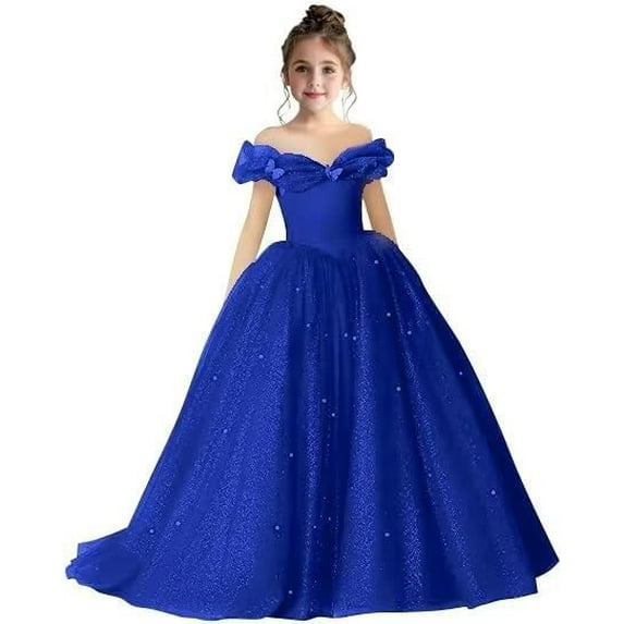 Drtj 2-14T Kids Teens Flower Girl Dress Off Shoulder Pageant Sparkling Formal Dress Birthday Party Ball Gowns