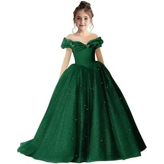 Drtj 2-14T Kids Teens Flower Girl Dress Off Shoulder Pageant Sparkling Formal Dress Birthday Party Ball Gowns