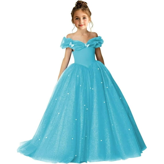 Drtj 2-14T Kids Teens Flower Girl Dress Off Shoulder Pageant Sparkling Formal Dress Birthday Party Ball Gowns