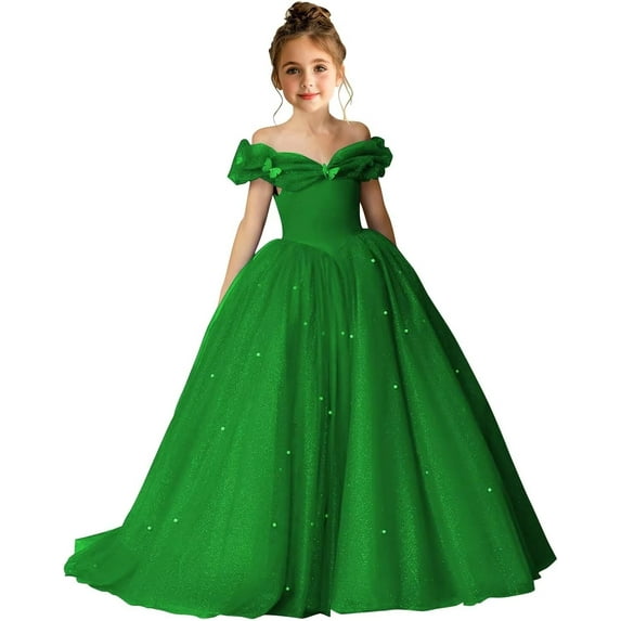 Drtj 2-14T Kids Teens Flower Girl Dress Off Shoulder Pageant Sparkling Formal Dress Birthday Party Ball Gowns