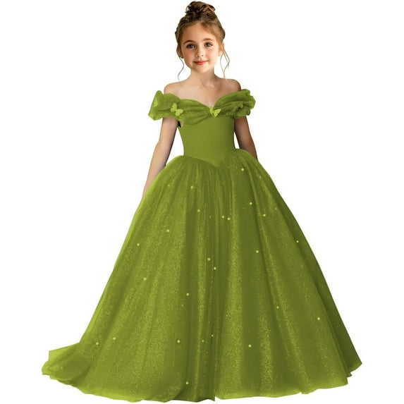 Drtj 2-14T Kids Teens Flower Girl Dress Off Shoulder Pageant Sparkling Formal Dress Birthday Party Ball Gowns