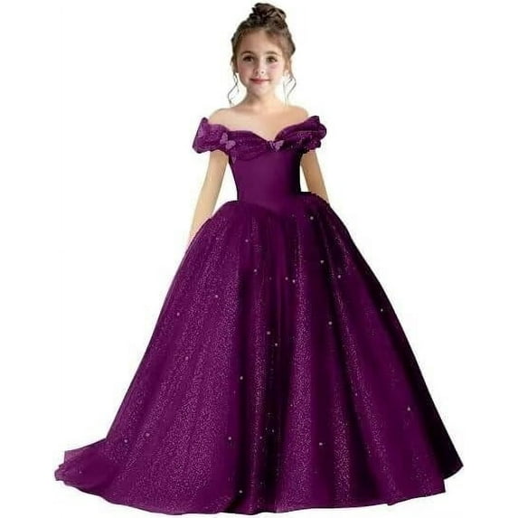 Drtj 2-14T Kids Teens Flower Girl Dress Off Shoulder Pageant Sparkling Formal Dress Birthday Party Ball Gowns