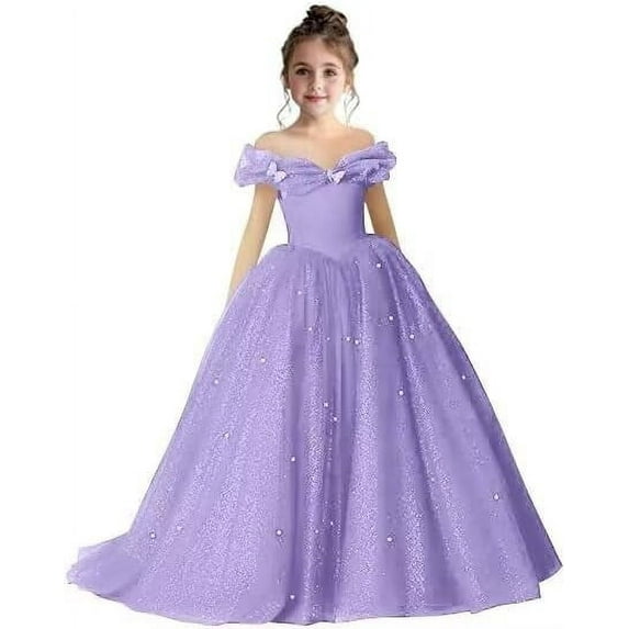 Drtj 2-14T Kids Teens Flower Girl Dress Off Shoulder Pageant Sparkling Formal Dress Birthday Party Ball Gowns