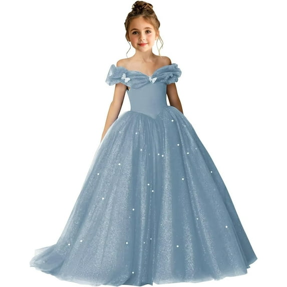 Drtj 2-14T Kids Teens Flower Girl Dress Off Shoulder Pageant Sparkling Formal Dress Birthday Party Ball Gowns