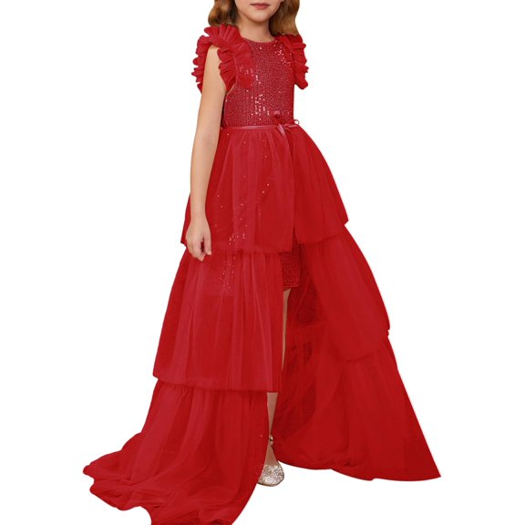 Drtj 2-14T Kids Teens Girls Dresses Sequin Party Formal Pageant Dress Tween Birthday Tulle Prom Princess Maxi Dress