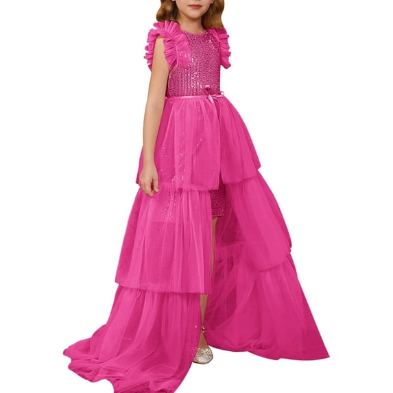 Drtj 2-14T Kids Teens Girls Dresses Sequin Party Formal Pageant Dress Tween Birthday Tulle Prom Princess Maxi Dress