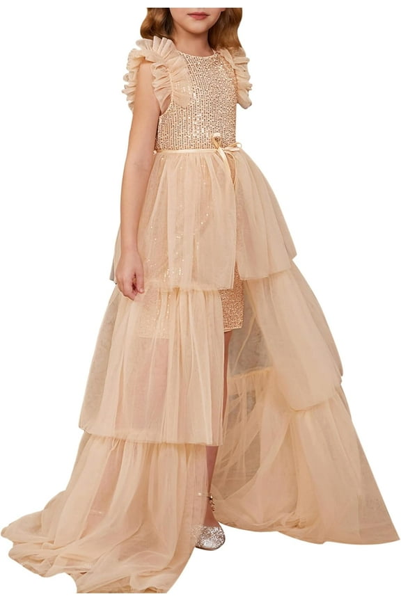 2-14T Kids Teens Girls Dresses Sequin Party Formal Pageant Dress Tween Birthday Tulle Prom Princess Maxi Dress