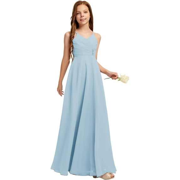 Drtj 2-14T Kids Teens Junior Bridesmaid Flower Girl Dresses A-line V-Neck Floor-Length Chiffon