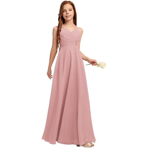 Drtj 2-14T Kids Teens Junior Bridesmaid Flower Girl Dresses A-line V-Neck Floor-Length Chiffon
