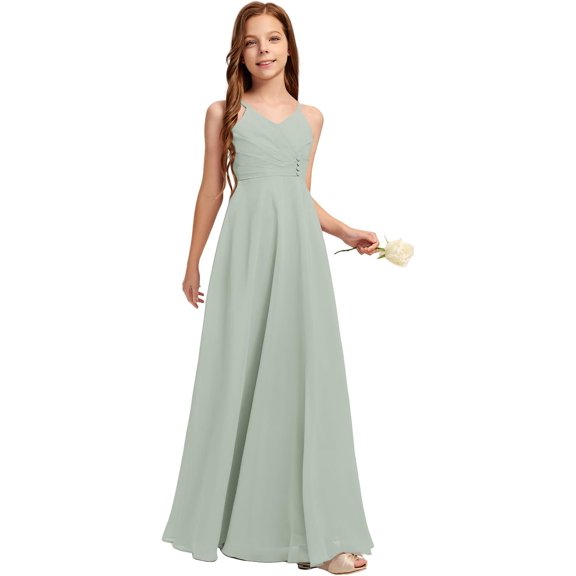 Drtj 2-14T Kids Teens Junior Bridesmaid Flower Girl Dresses A-line V-Neck Floor-Length Chiffon