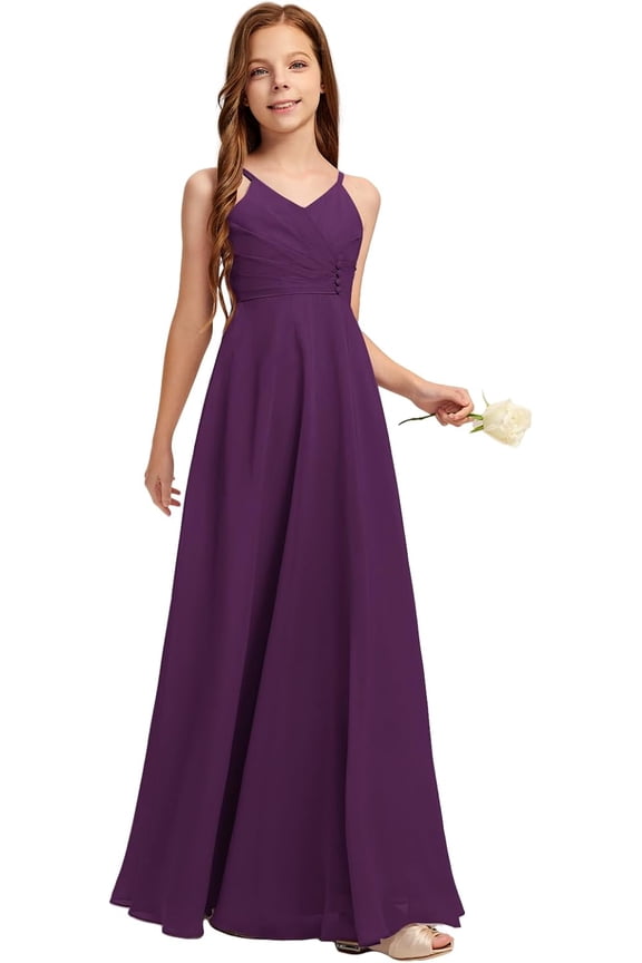 2-14T Kids Teens Junior Bridesmaid Flower Girl Dresses A-line V-Neck Floor-Length Chiffon