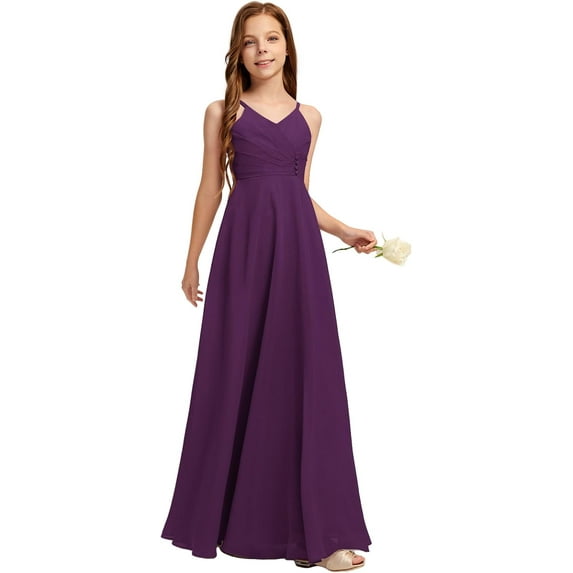 Drtj 2-14T Kids Teens Junior Bridesmaid Flower Girl Dresses A-line V-Neck Floor-Length Chiffon