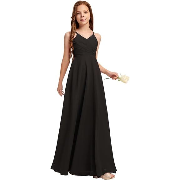 Drtj 2-14T Kids Teens Junior Bridesmaid Flower Girl Dresses A-line V-Neck Floor-Length Chiffon