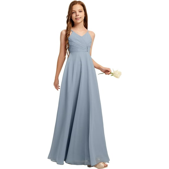 Drtj 2-14T Kids Teens Junior Bridesmaid Flower Girl Dresses A-line V-Neck Floor-Length Chiffon