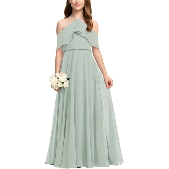 Drtj 2-14T Kids Teens Junior Bridesmaid Flower Girl Dresses Cascading Ruffles A-line Cold Shoulder Halter Floor-Length Chiffon