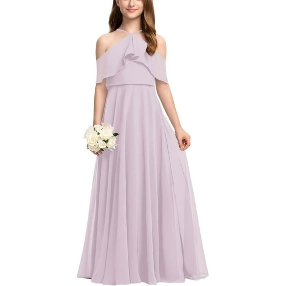 Drtj 2-14T Kids Teens Junior Bridesmaid Flower Girl Dresses Cascading Ruffles A-line Cold Shoulder Halter Floor-Length Chiffon