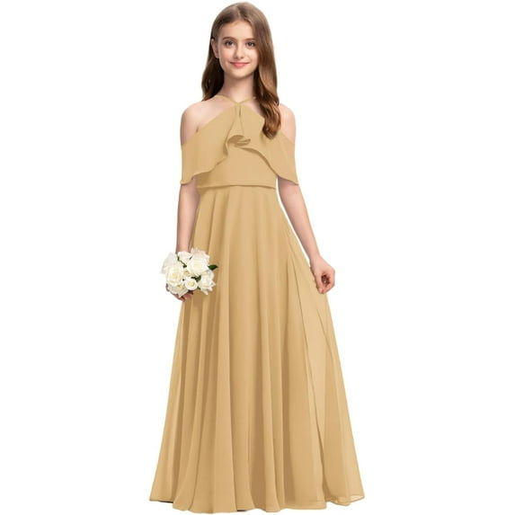 Drtj 2-14T Kids Teens Junior Bridesmaid Flower Girl Dresses Cascading Ruffles A-line Cold Shoulder Halter Floor-Length Chiffon
