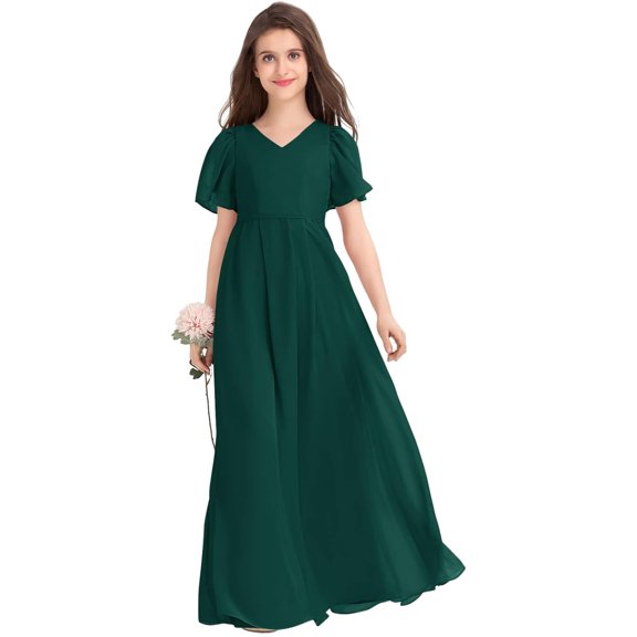 Drtj 2-14T Kids Teens Junior Bridesmaid Flower Girl Dresses Formal Dresses V-Neck Floor-Length Chiffon