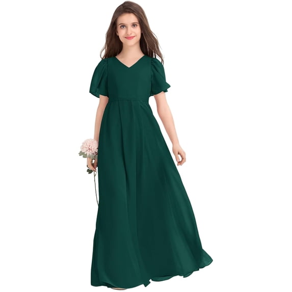 Drtj 2-14T Kids Teens Junior Bridesmaid Flower Girl Dresses Formal Dresses V-Neck Floor-Length Chiffon
