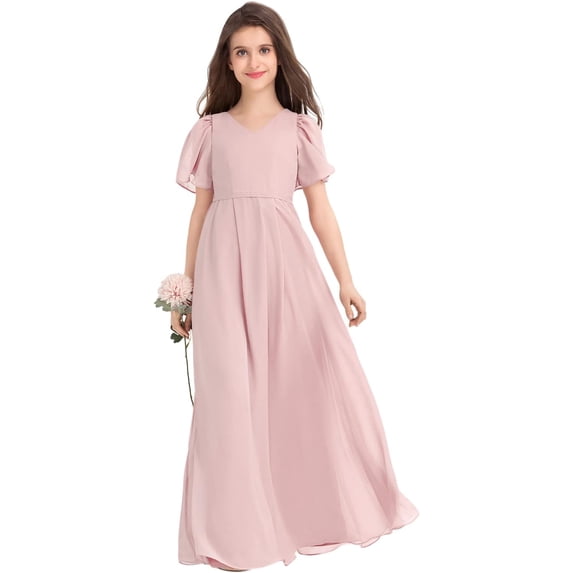 Drtj 2-14T Kids Teens Junior Bridesmaid Flower Girl Dresses Formal Dresses V-Neck Floor-Length Chiffon