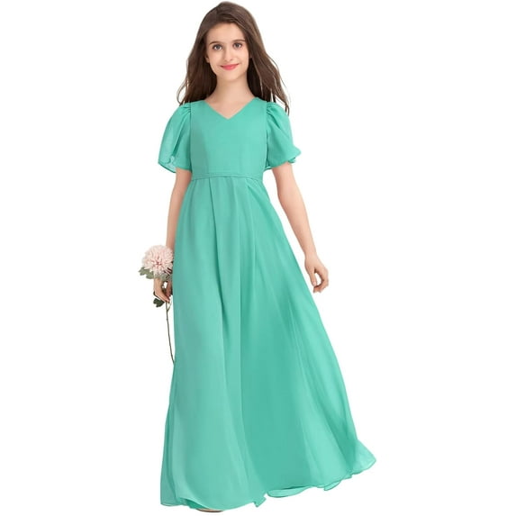 Drtj 2-14T Kids Teens Junior Bridesmaid Flower Girl Dresses Formal Dresses V-Neck Floor-Length Chiffon