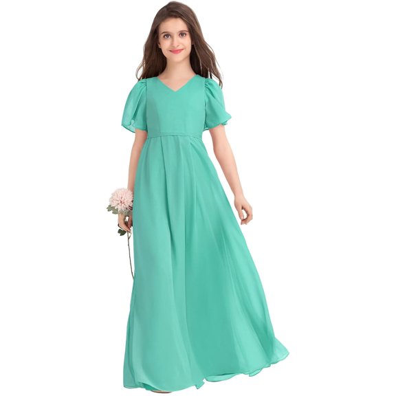 Drtj 2-14T Kids Teens Junior Bridesmaid Flower Girl Dresses Formal Dresses V-Neck Floor-Length Chiffon
