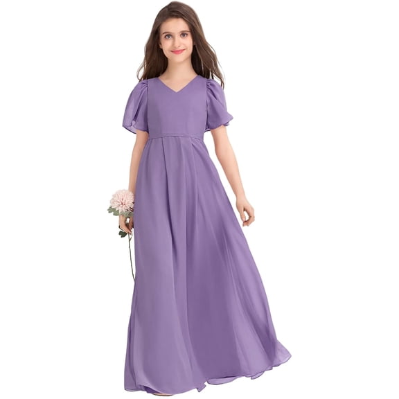 Drtj 2-14T Kids Teens Junior Bridesmaid Flower Girl Dresses Formal Dresses V-Neck Floor-Length Chiffon