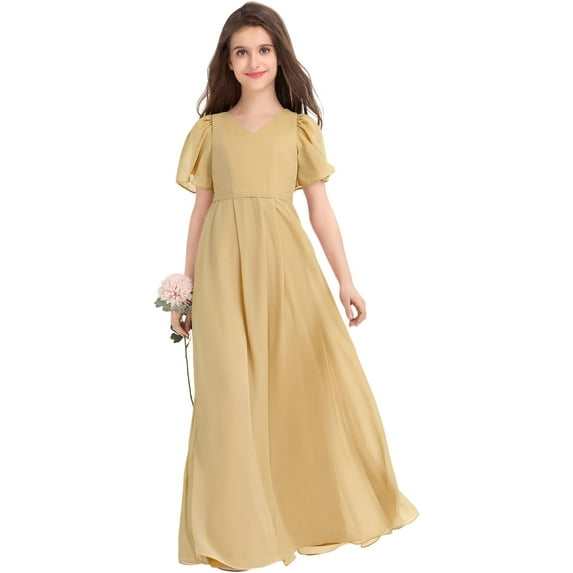 Drtj 2-14T Kids Teens Junior Bridesmaid Flower Girl Dresses Formal Dresses V-Neck Floor-Length Chiffon