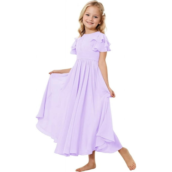 Drtj 2-14T Kids Teens Junior Flower Girl Wedding Bridesmaids Flowy Chiffon Ruffles Sleeve Pageant Long Dress