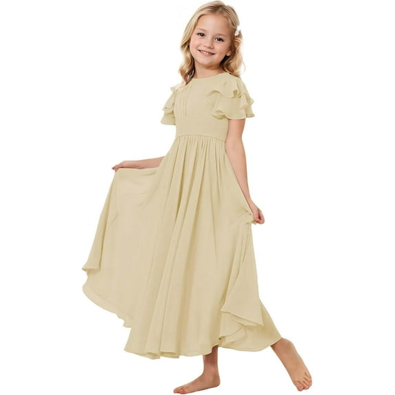 Drtj 2-14T Kids Teens Junior Flower Girl Wedding Bridesmaids Flowy Chiffon Ruffles Sleeve Pageant Long Dress