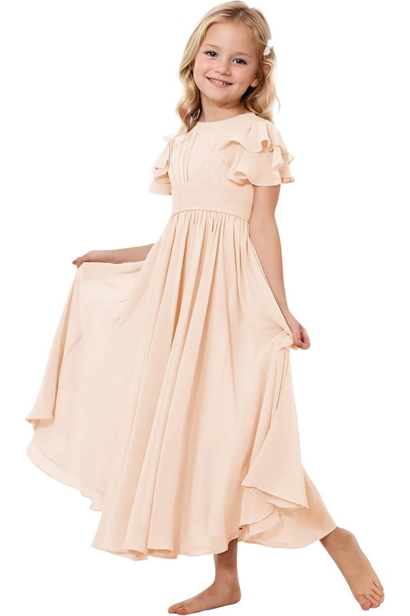 2-14T Kids Teens Junior Flower Girl Wedding Bridesmaids Flowy Chiffon Ruffles Sleeve Pageant Long Dress
