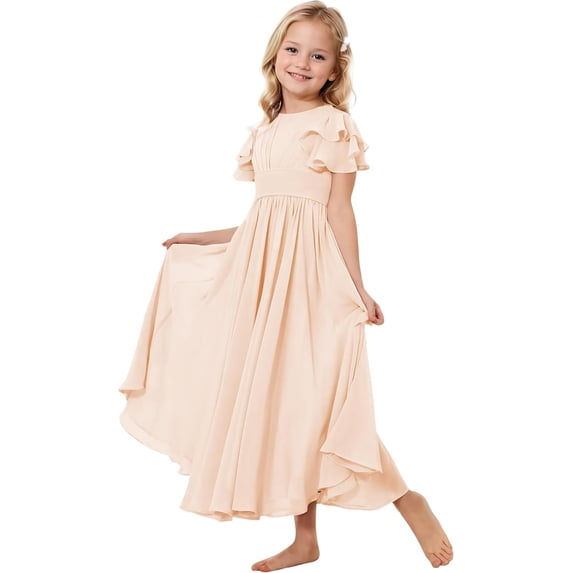 Drtj 2-14T Kids Teens Junior Flower Girl Wedding Bridesmaids Flowy Chiffon Ruffles Sleeve Pageant Long Dress