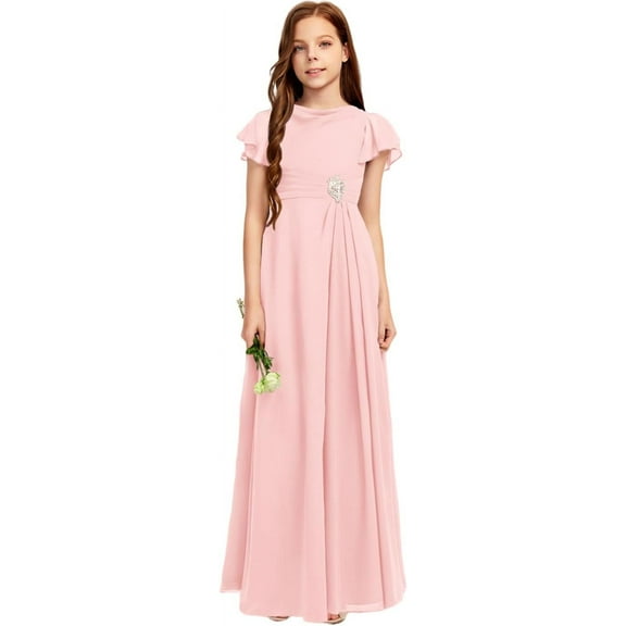 Drtj A-line Scoop Floor-Length Chiffon Flower Girl Dress Junior Bridesmaid Dress 2-14T