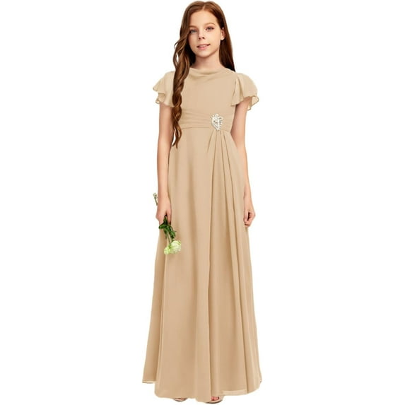 Drtj A-line Scoop Floor-Length Chiffon Flower Girl Dress Junior Bridesmaid Dress 2-14T