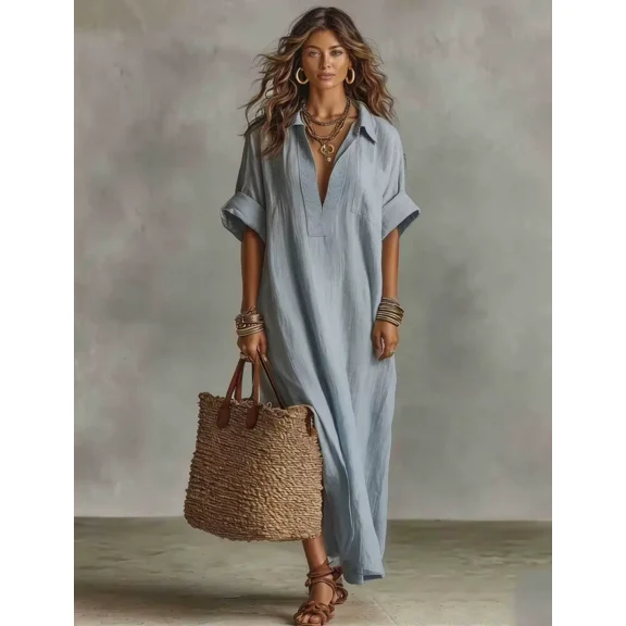 Drtj Caftan Maxi Dress Women Loose Collared V Neck Short Roll Sleeve Casual Long Shirt Dress Beach Cover Up Vacation Kaftan Dress