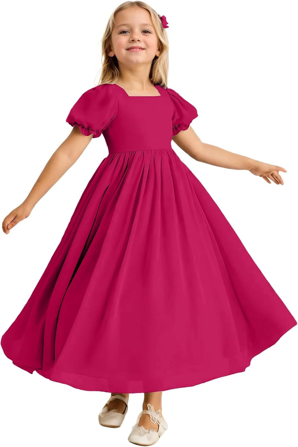 casual junior bridesmaid dresses Duntery Off Shoulder Chiffon Junior Bridesmaid Dress With Flutter Sleeves, Burgundy main image 0