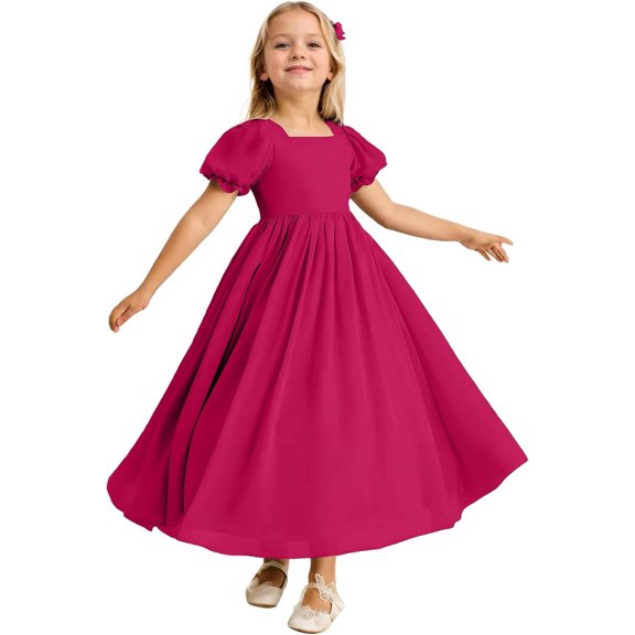 Drtj Flower Girl Dresses Junior Bridesmaid Dresses Ruffle Dresses A-Line Casual Flowing Chiffon Dresses for Girls Wedding Celebration