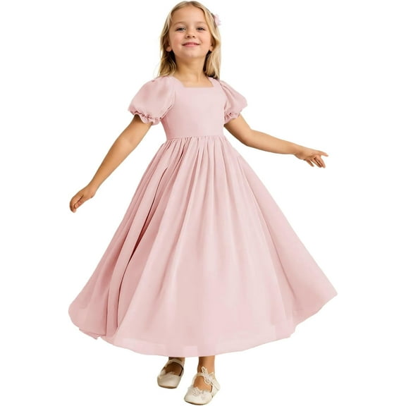 Drtj Flower Girl Dresses Junior Bridesmaid Dresses Ruffle Dresses A-Line Casual Flowing Chiffon Dresses for Girls Wedding Celebration