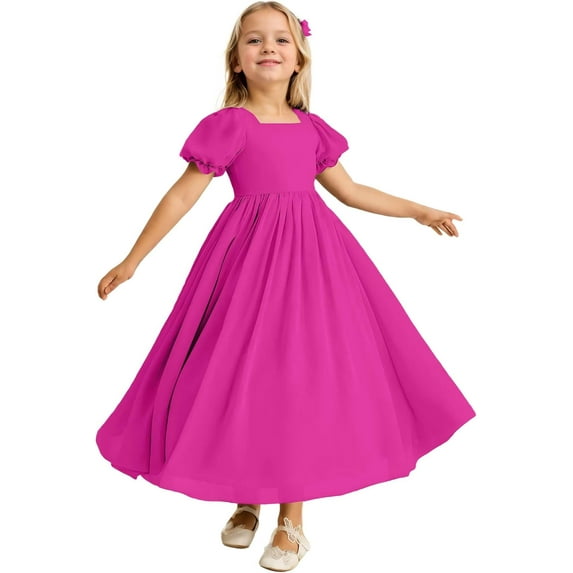 Drtj Flower Girl Dresses Junior Bridesmaid Dresses Ruffle Dresses A-Line Casual Flowing Chiffon Dresses for Girls Wedding Celebration