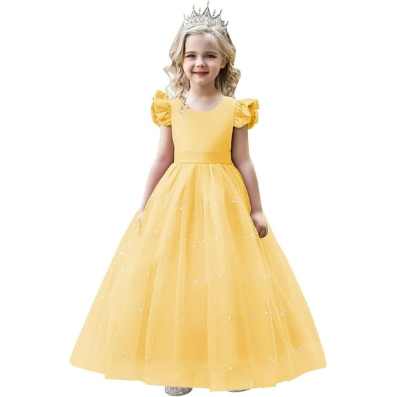 Drtj Flower Girl Dresses Wedding Fly Sleeve Pearl Tulle Girls Prom Dresses Party Princess Dresses