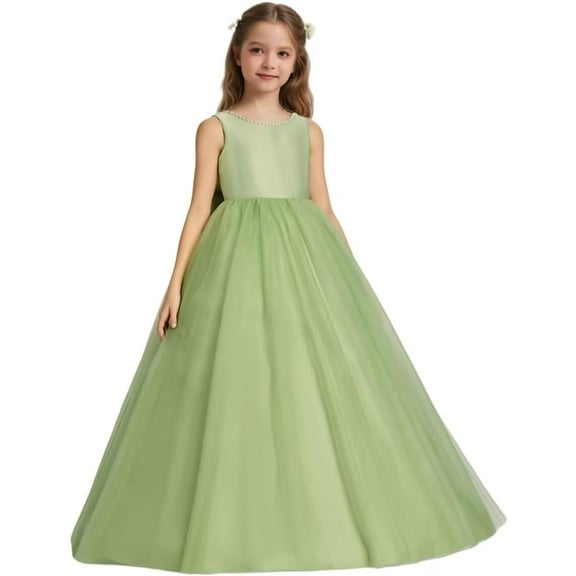 Drtj Flower Girl Gown Wedding Satin Tulle Princess Celebration Gowns Children Pearl Prom Dresses