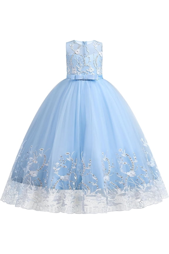 Flower Girls Floor Length Ball Gown Tulle Applique Lace Dress Birthday Party Prom Wedding Bridesmaids Princess Evening, Sized 6Y, Color Sky blue