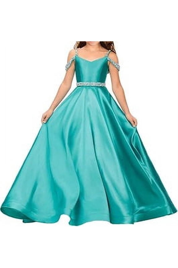 Flower Girls Satin Rhinestone Pageant Dresses Princess A-Line Floor Length Formal Wedding Party Gowns, Sized 2-14T