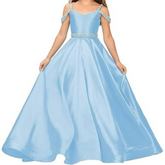 Drtj Flower Girls Satin Rhinestone Pageant Dresses Princess A-Line Floor Length Formal Wedding Party Gowns, Sized 2-14T