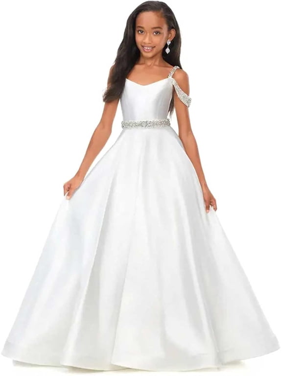 Flower Girls Satin Rhinestone Pageant Dresses Princess A-Line Floor Length Formal Wedding Party Gowns, Sized 2-14T