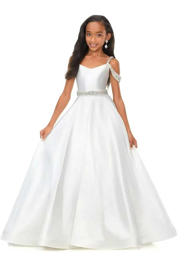 Flower Girls Satin Rhinestone Pageant Dresses Princess A-Line Floor Length Formal Wedding Party Gowns, Sized 2-14T