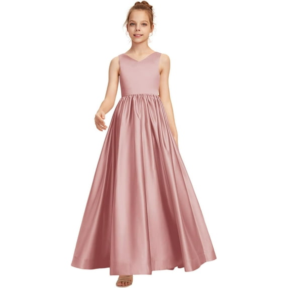 Drtj Formal Dress for Teen Girls Bow A-line V-Neck Floor-Length Satin Flower Girl Dresses for Wedding Kids Floor Length Princess Pageant Dres, Sized 16, Color Blush