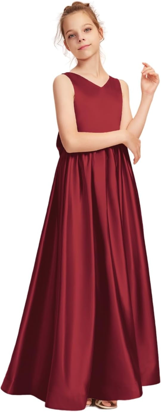 Drtj Formal Dress for Teen Girls Bow A-line V-Neck Floor-Length Satin ...