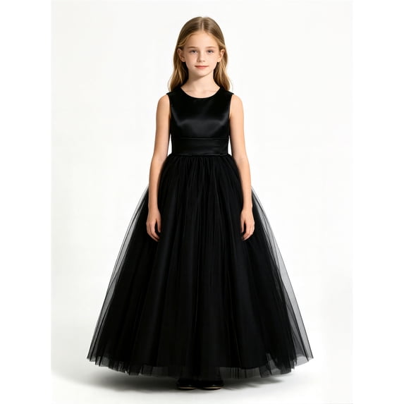 Drtj Girl Dress Sleeveless Satin Tulle Floor‑Length Gown, V‑Back Large Bow for Wedding Communion Pageant