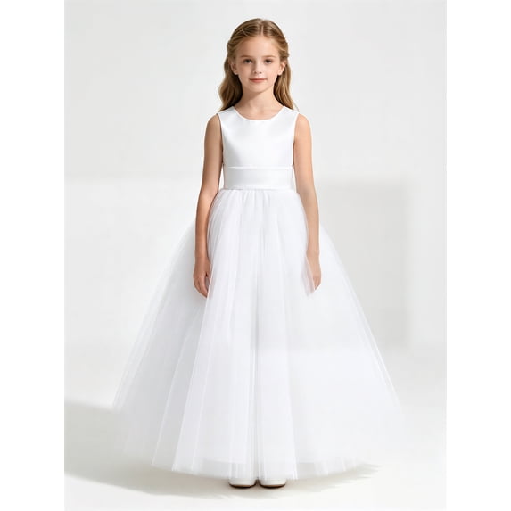 Drtj Girl Dress Sleeveless Satin Tulle Floor‑Length Gown, V‑Back Large Bow for Wedding Communion Pageant